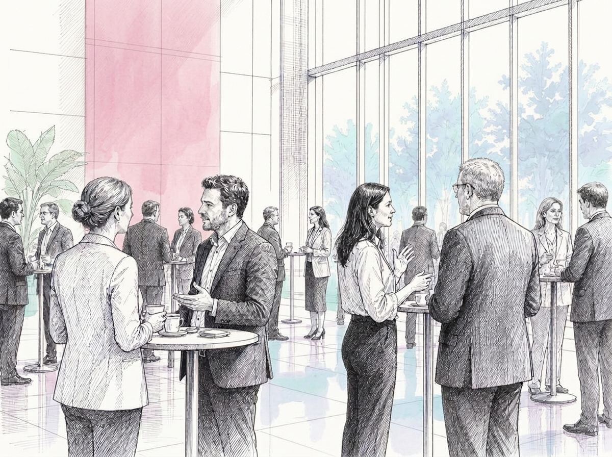 Illustration of people talking in small groups during a networking break